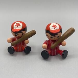 Vintage Doll House Toys Cake Toppers Wood Baseball Player 2pc Lot